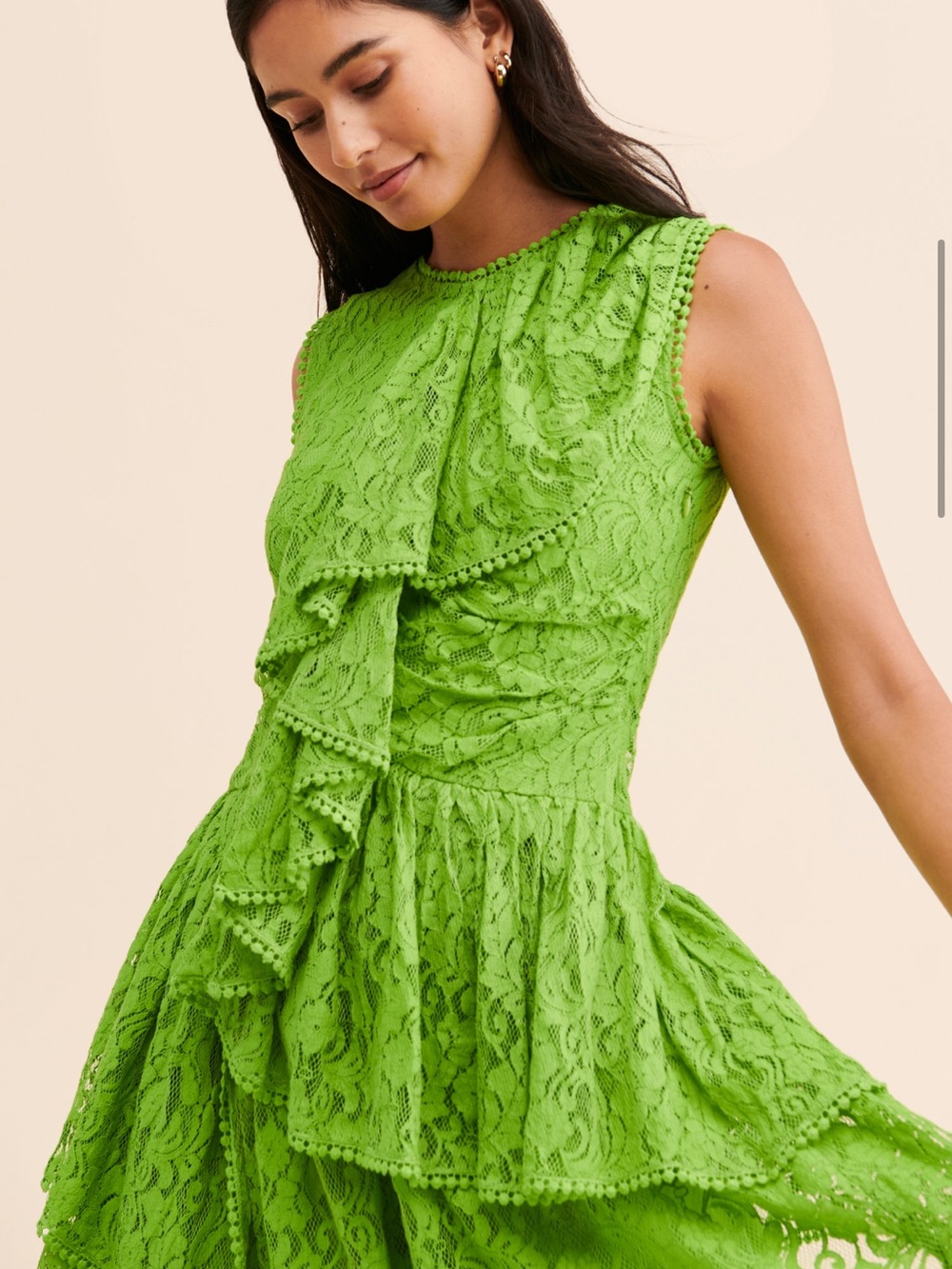 Green Lace Ruffle Sleeveless Dress